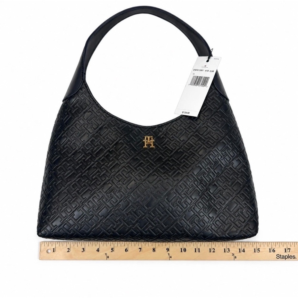 Tommy Hilfiger Navy Blue Embossed Monogram Hobo Shoulder Bag XW10381 400 CIK
